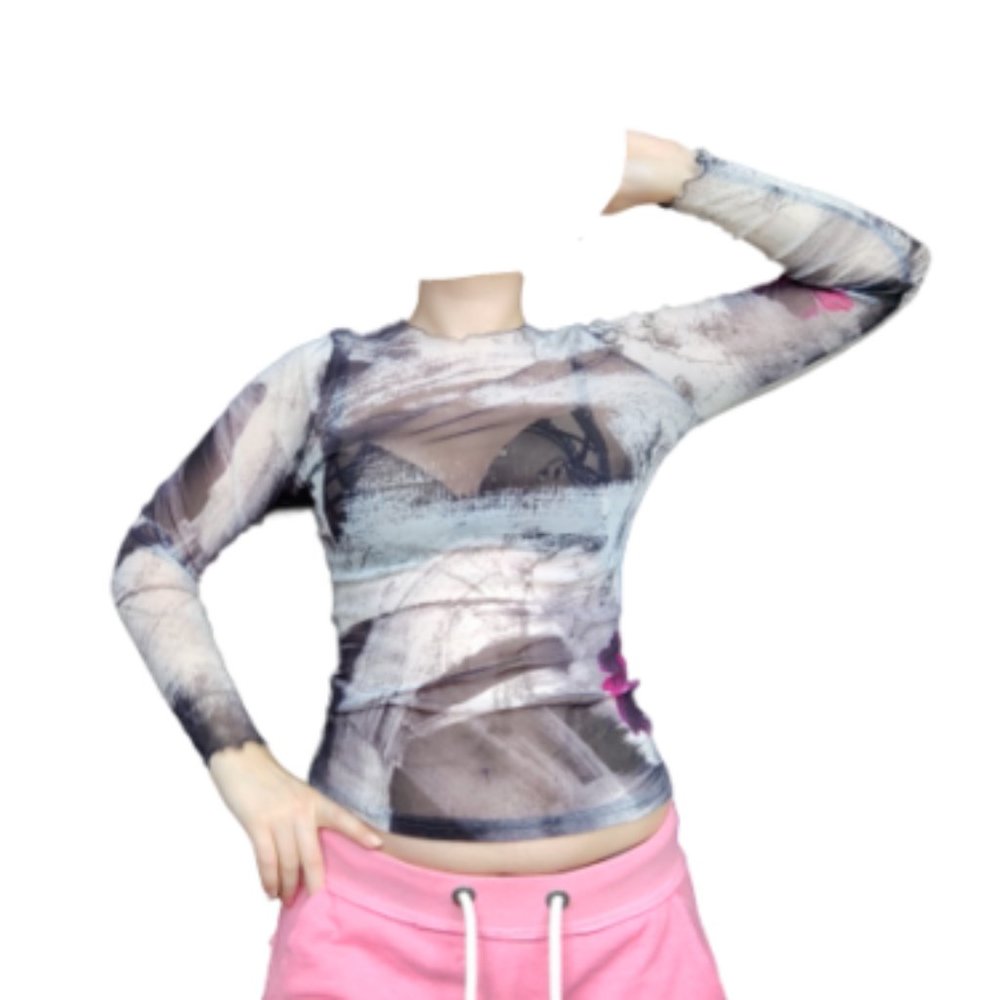 Grunge See Through Long Sleeve top Abstract print fits for Size S/M/L